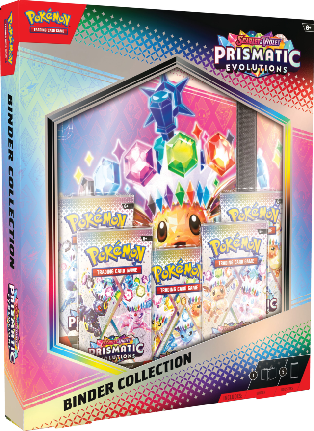 Prismatic Evolutions binder collection with a binder and 5 packs inside a cardboard box