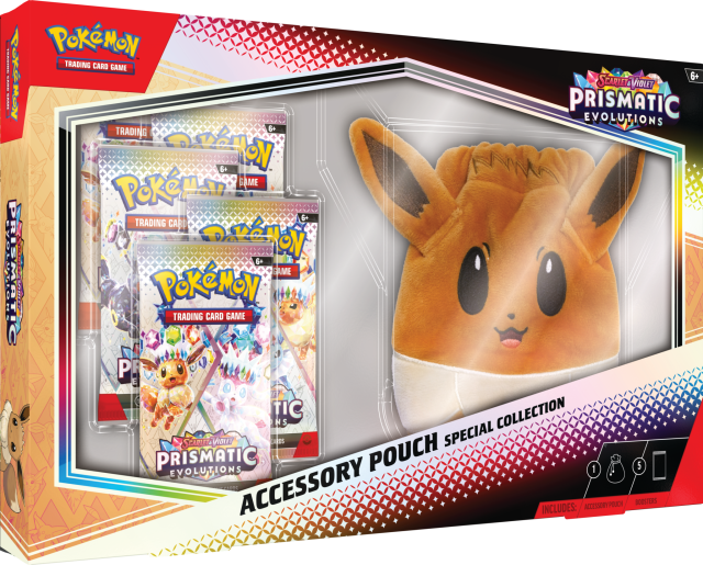 Prismatic Evolutions accesory puch collection that shows 5 packs and a weird looking eevee face bag thats more creepy then it should be