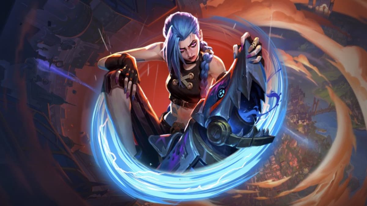 Jinx sitting while holding the shark weapon.