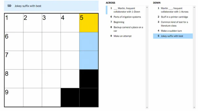 The Jokey suffix with best clue highlighted on the NYT Mini Crossword.