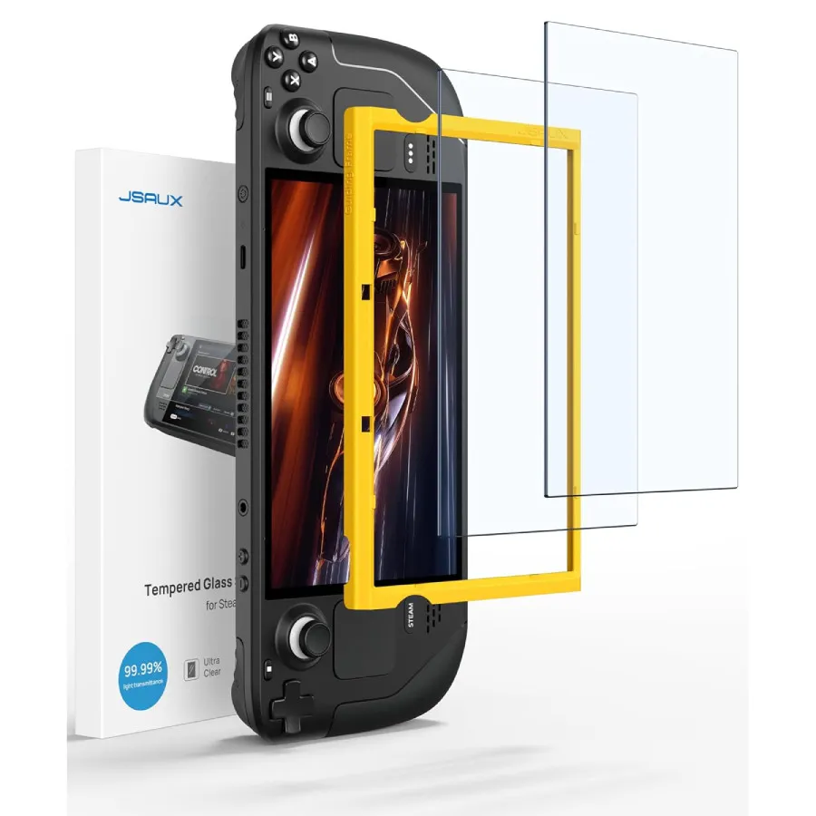 A layered shot of, from top to bottom, two tempered glass screen protectors, a yellow guide that helps with applying the screen protector, a Steam Deck, and the product box. More details below.