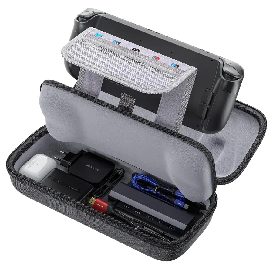 Top-down shot of an open JSAUX Carrying Case, a gray hard case with fabric outer material. Inside the case is a Steam Deck, five microSD slots, and compartment housing an official charger, a power bank, a JSAUX dock, a case for wireless headbuds, an HDMI cable, and a USB-C cable. More details below.