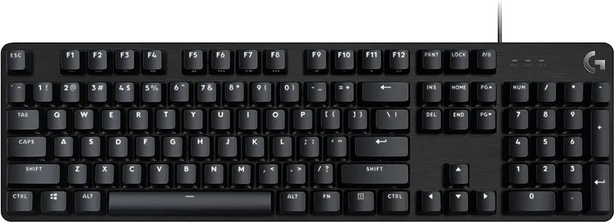 Top-down view of a black full-size keyboard by Logitech.