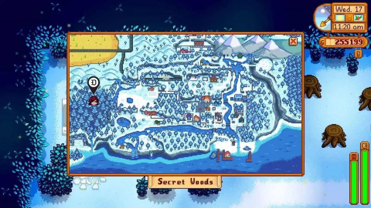 The location of the Lost Items Shop in the Secret Woods area marked on a map in Stardew Valley.