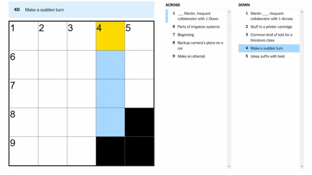 The Make a sudden turn clue highlighted on the NYT Mini Crossword.