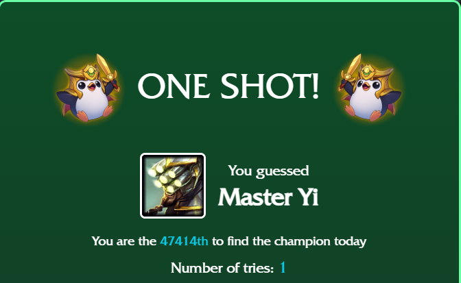 a green image that says one shot, you guessed master yi