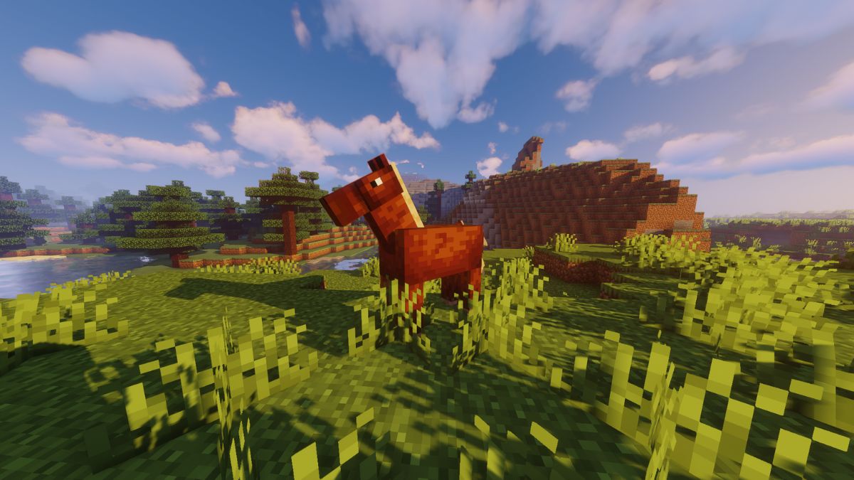 A horse in a field in Minecraft.