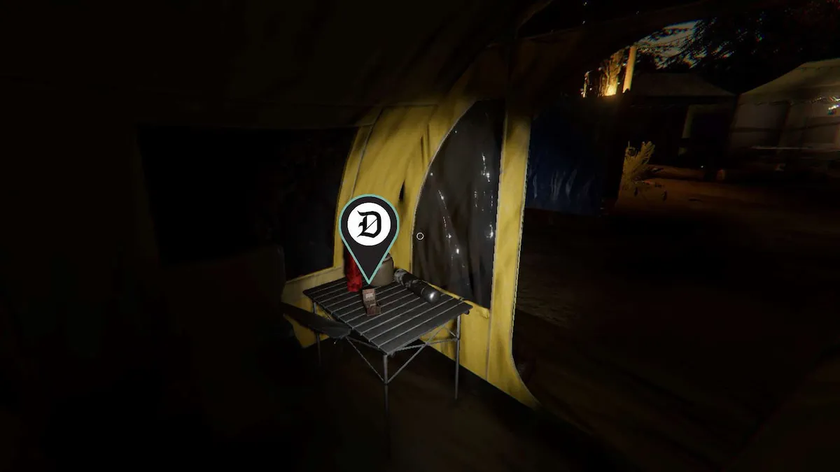 A Music Box sitting on a table in a yellow tent at Camp Woodwind in Phasmophobia.