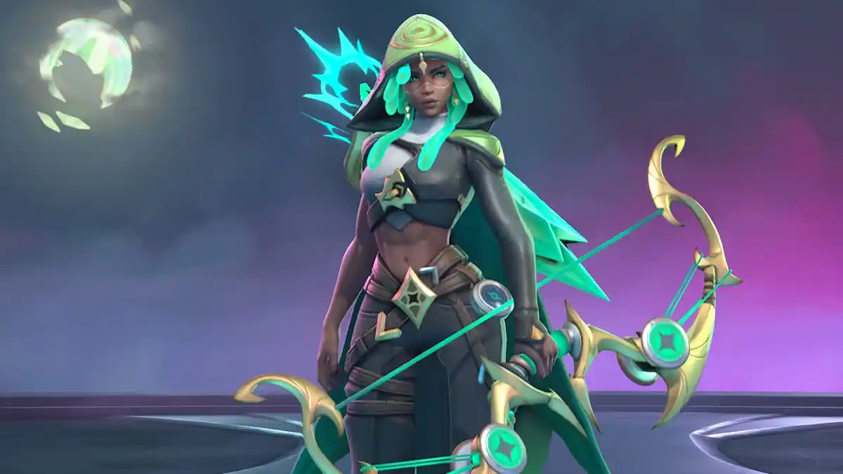 Myth Hunter in Supervive wearing a hoodie and a croptop and carrying a massive bow in her left hand.