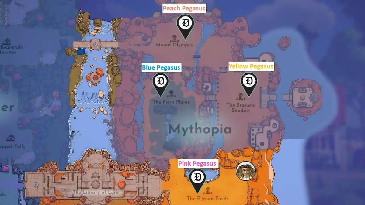 All four Pegasus locations marked on a map around Mythopia in Disney Dreamlight Valley.