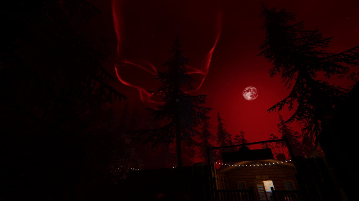 A red sky with a massive skull and Blood Moon hovering over the Maple Lodge Campsite map in Phasmophobia.