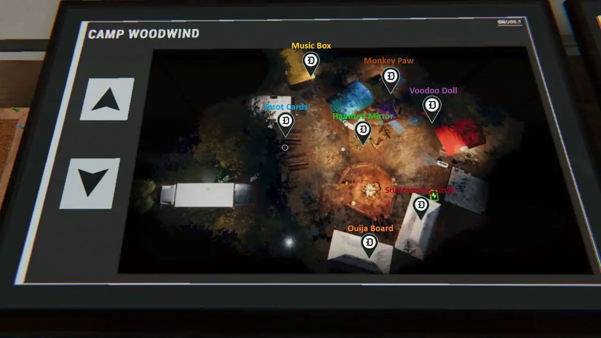 All seven Cursed Objects marked on a map of Camp Woodwind in Phasmophobia.