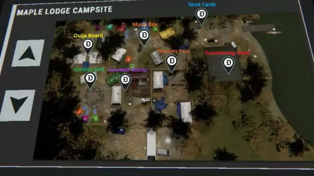 All seven Cursed Possessions marked on the Maple Lodge Campsite map in Phasmophobia.