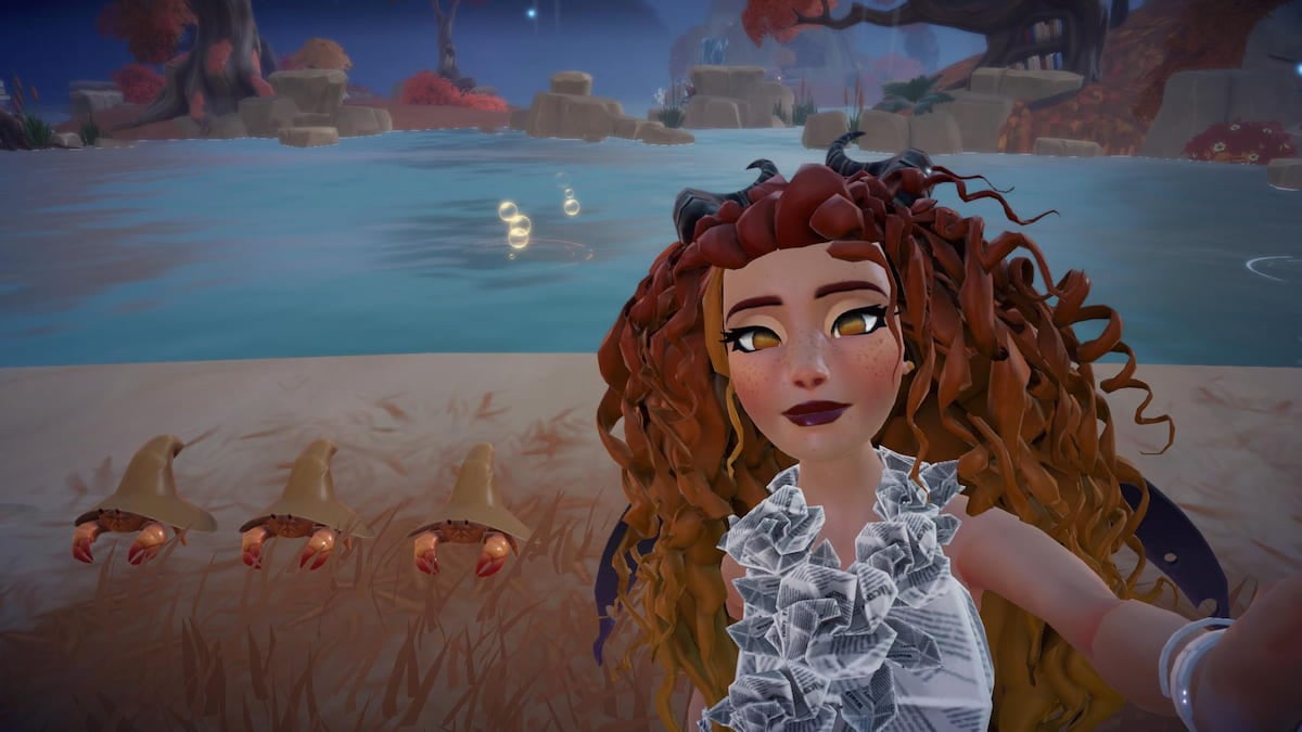 A close up of a woman with curly hair on a beach in disney dreamlight valley