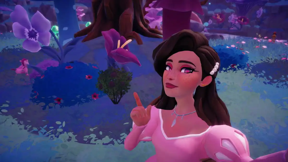 A player in a pink dress taking a picture pointing at Slate Gray Roses in Disney Dreamlight Valley.