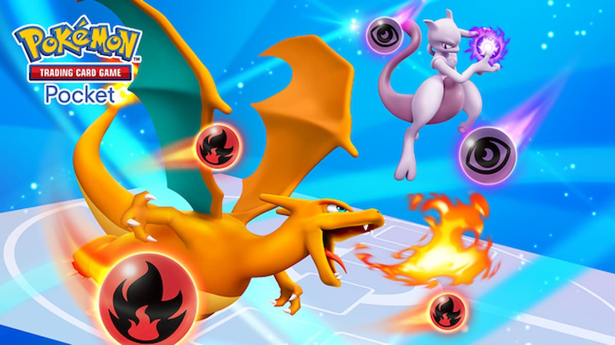 Pokemon TCG promo image featuring Charizard and MewTwo. Purple and orange orbs float around the two creatures