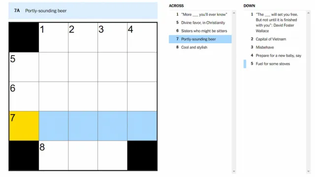 Loud sounding beer clue highlighted in the NYT mini crossword puzzle.