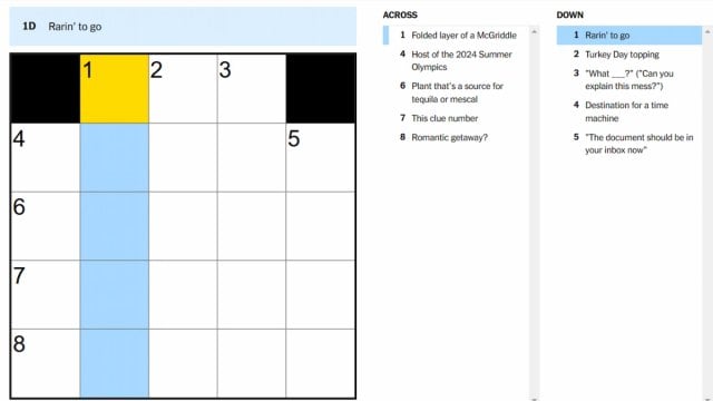 The Rarin' to go clue highlighted on the NYT Mini Crossword.