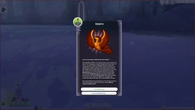 The Rebirth option pop-up with a Phoenix icon in The Sims 4 Life & Death.