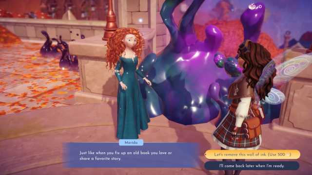 Talking to Merida about clearing a wall of ink for 500 Storybook Magic in Disney Dreamlight Valley.