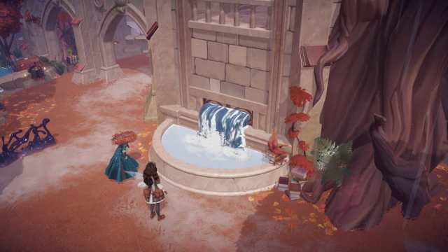 The player and Merida looking at a working fountain in The Bind in Disney Dreamlight Valley.