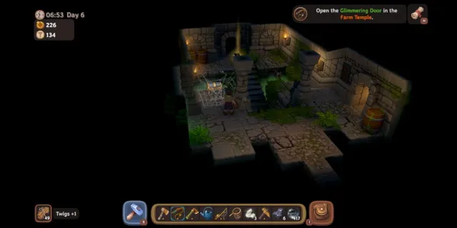 Walkthrough screenshot of Luma Island Farm Temple showing path, player character, and treasure.