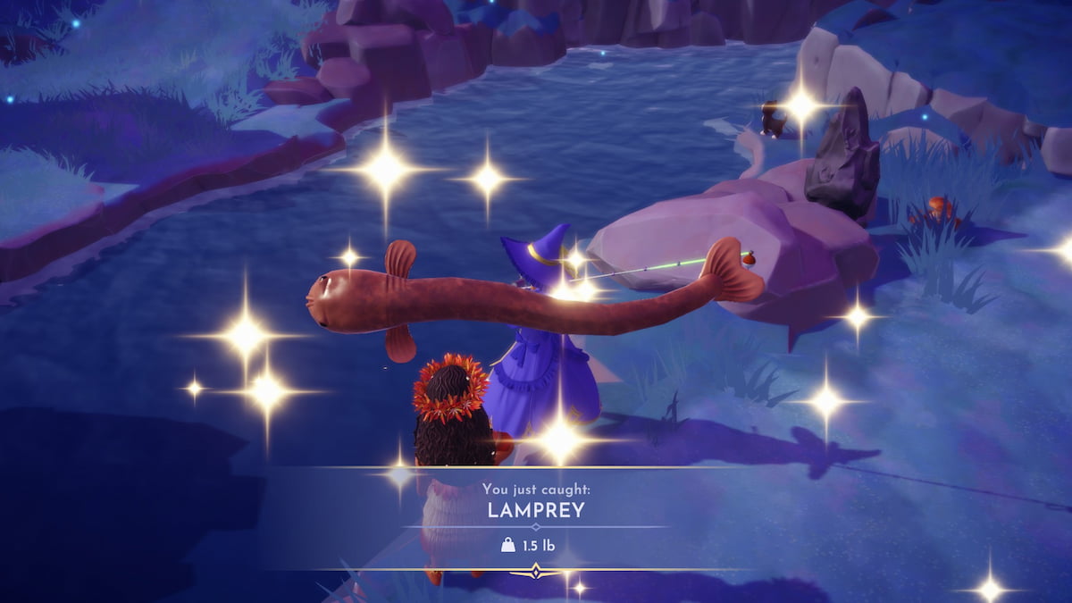 A freshly caught long brown Lamprey fish sparkling in Disney Dreamlight Valley.