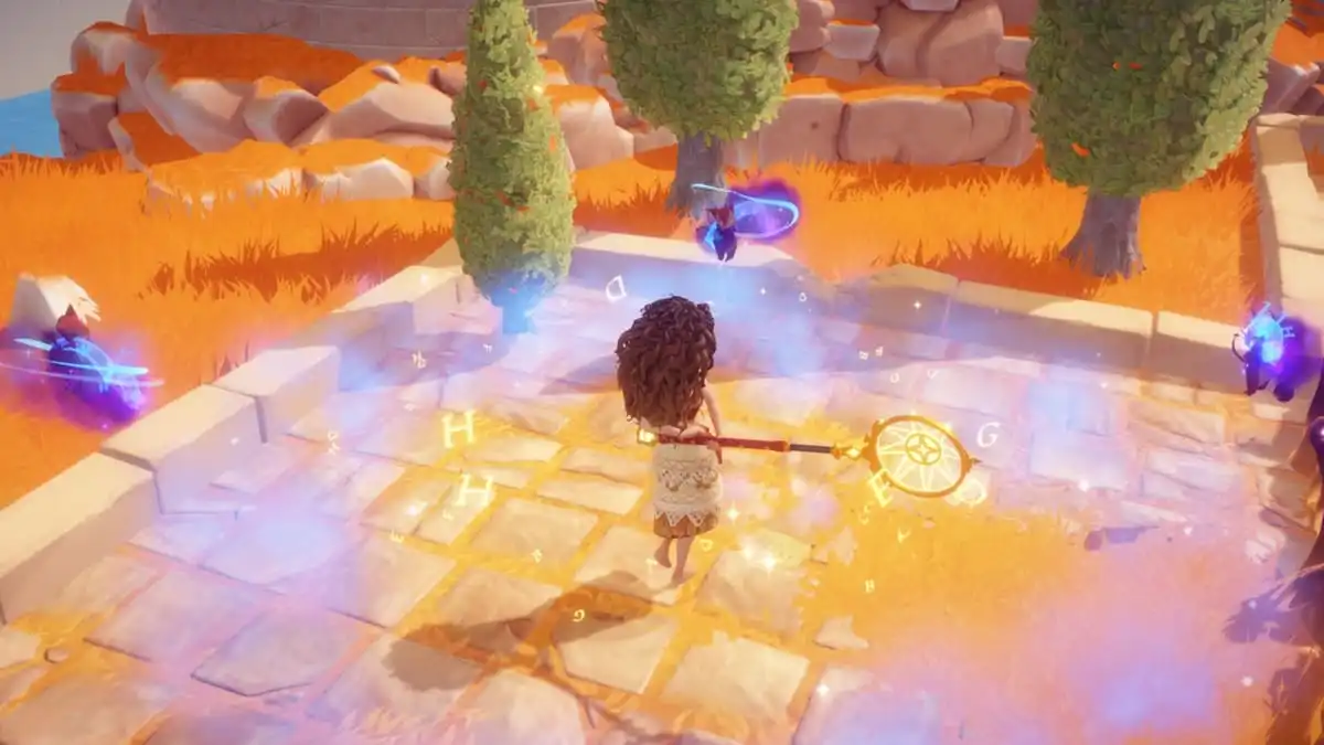 Aa player holding a golden Royal Net spinning in a circle with three floating Demon Snippets surrounding them in Disney Dreamlight Valley.