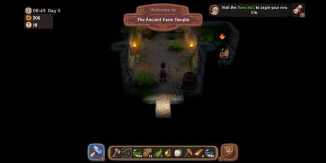 Walkthrough screenshot of Luma Island Farm Temple showing path, player character, and treasure.