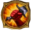 The icon for Strength in The Bazaar, showing a red hand clutching the hilt of a sword.