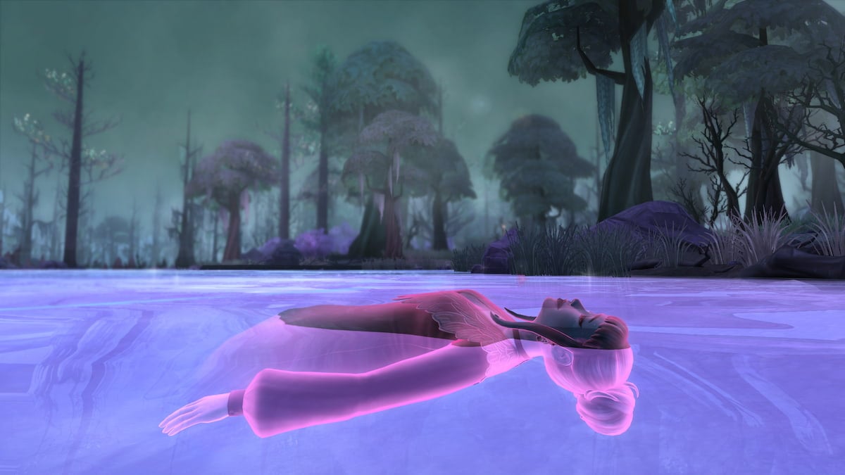 A pink Ghost Sim gloating in the sparkling purple Baleful Bog waters in The Sims 4 Life & Death.