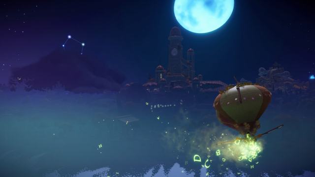 Flying to The Storybook Vale in a ship heading towards a castle under the night sky with a full moon in Disney Dreamlight Valley.