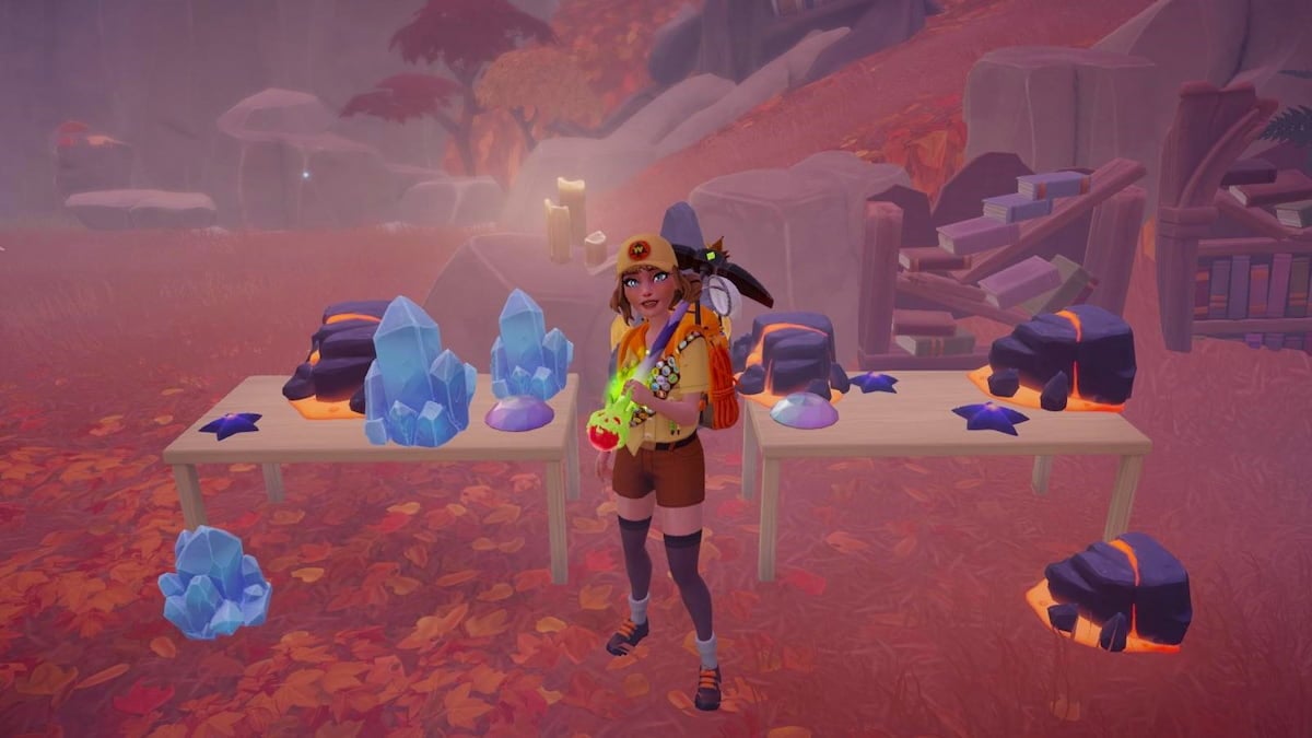 A player wearing a scout unfiform and holding a Royal Rickaxe in standing between two tables full of Gems in Disney Dreamlight Valley.