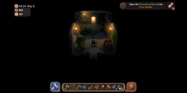 Walkthrough screenshot of Luma Island Farm Temple showing path, player character, and treasure.