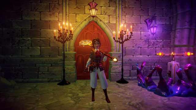 The player holding their Royal Net standing at a trial door in Disney Dreamlight Valley.