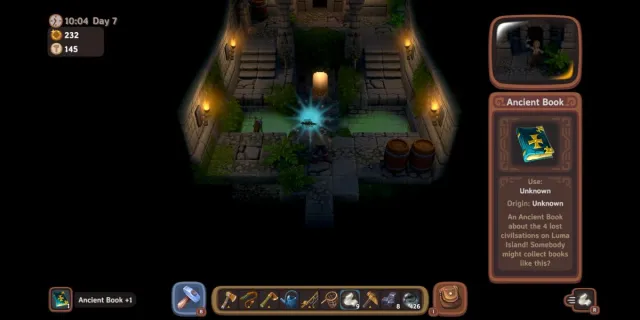 Walkthrough screenshot of Luma Island Farm Temple showing path, player character, and treasure.