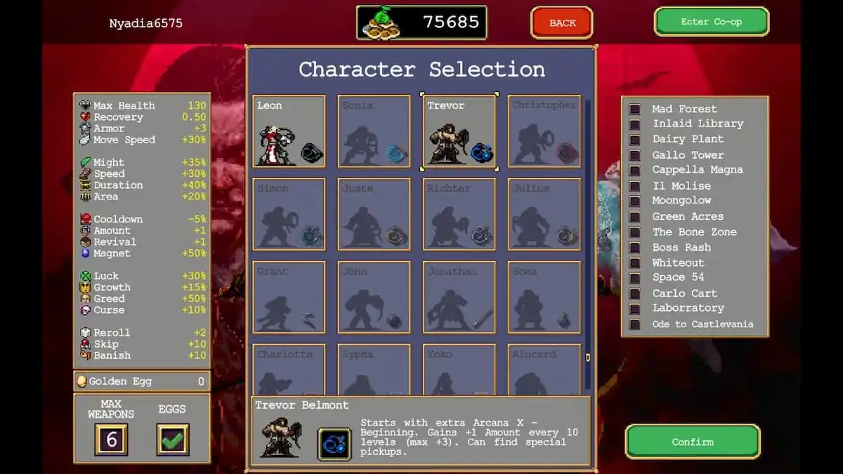 The characters menu in Vampire Survivors.