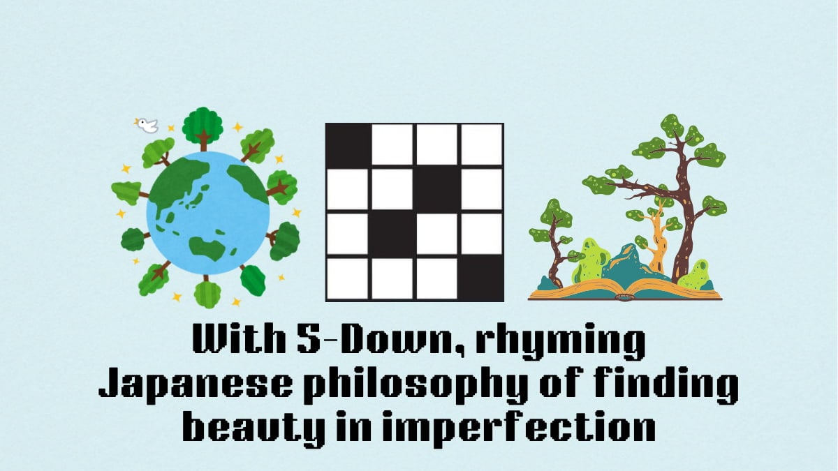 The earth and a small forest garden next to the With 5-Down, rhyming Japanese philosophy of finding beauty in imperfection clue for the NYT Mini Crossword.