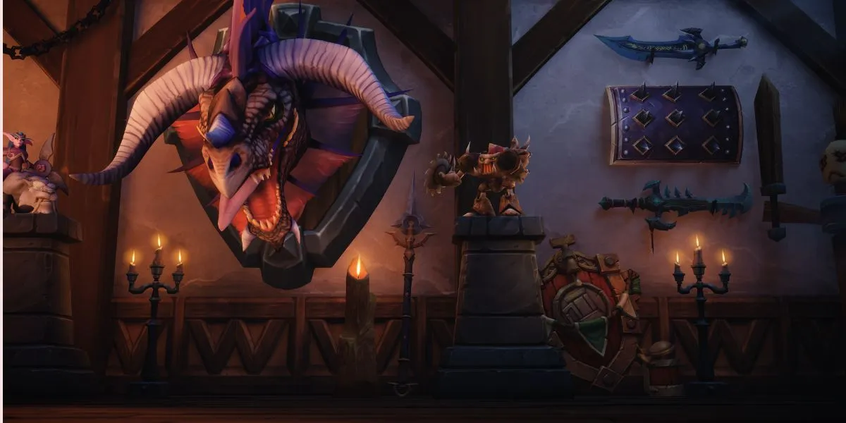 Screenshot of the official player housing reveal from World of Warcraft Midnight stream showing home decorations with a weapon and dragon head.