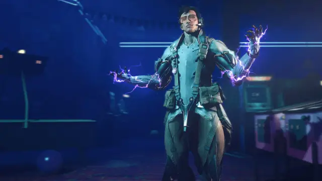 Amir, a man clad in Volt-like gear, has lightning at his fingertips in Warframe