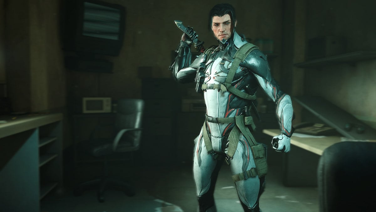 A male character in a grey body suit