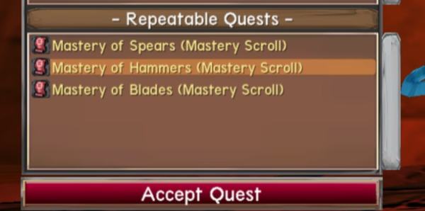 Emok Mastery Scroll repeatable quest list inside the Sanctum