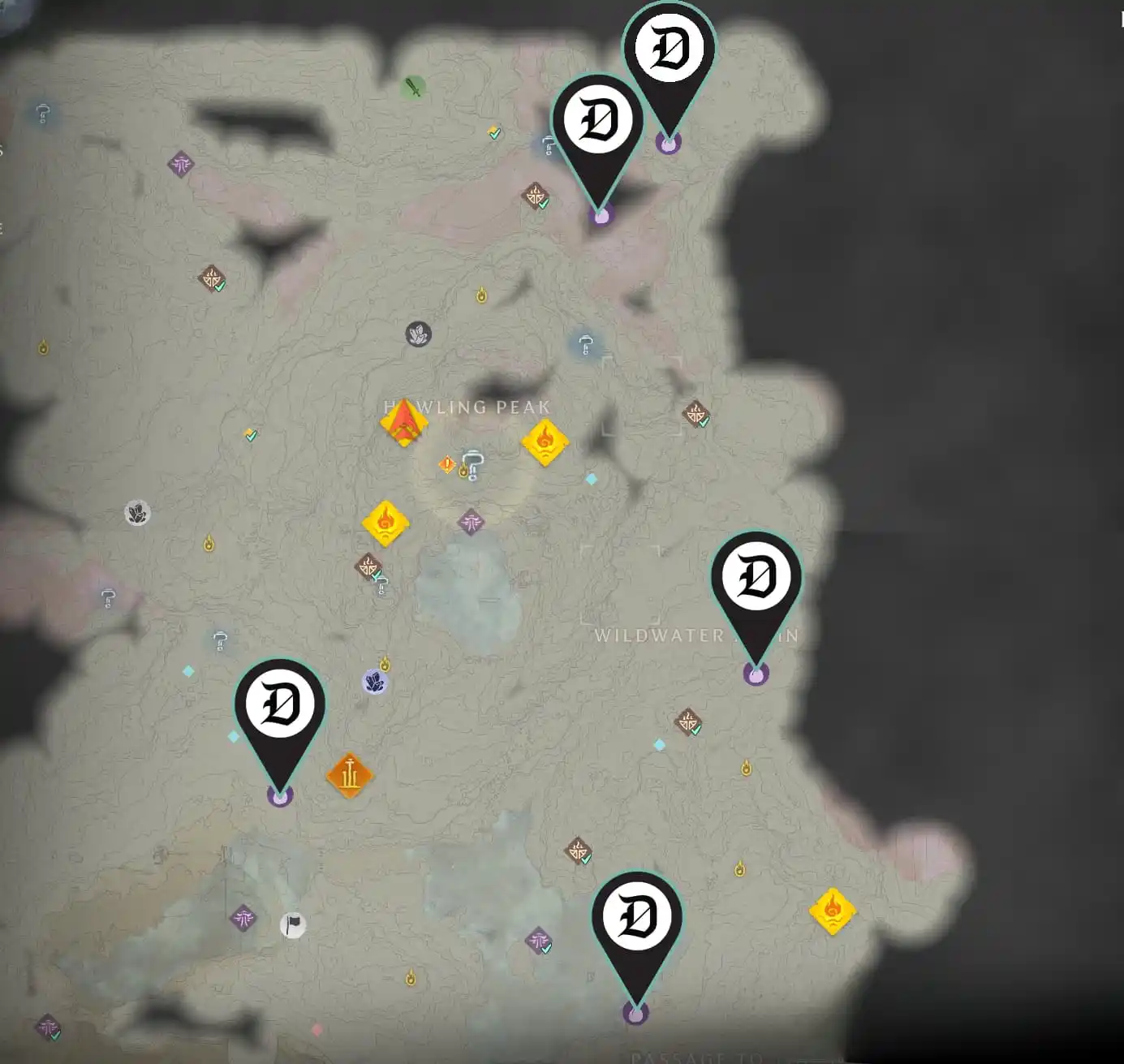 The map from Enshrouded with multiple pins showing where readers can find all items in the Fluffy Set