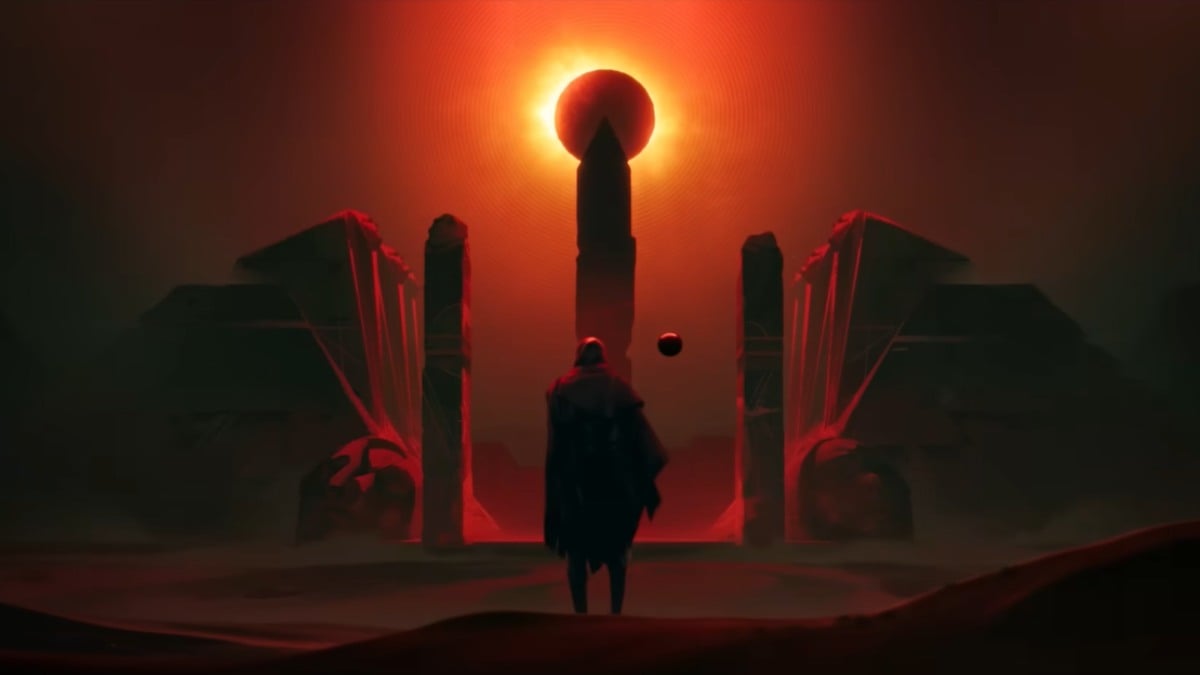 The Chosen walking towards a three pillar altar with an eclipsed sun at its center