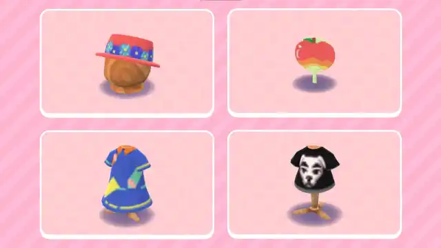 An image of four different clothing items in Animal Crossing Pocket Camp Complete. These items are imported designs from the New Horizons versions of the game.