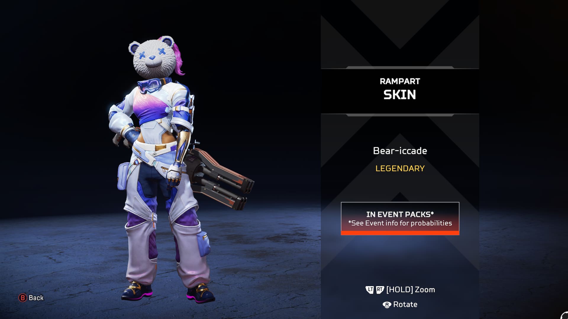 Rampart wears a white and purple skin with a large polar bear head.