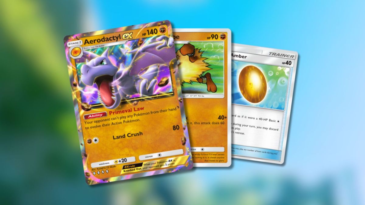 Aerodactyl ex, Primeape, and Old Amber Pokémon TCG Pocket cards with trailer background blurred.