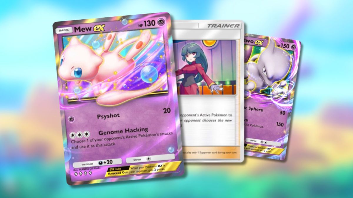 Mew ex, Sabrina, and Mewtwo ex Pokémon TCG Pocket cards with blurred trailer background.