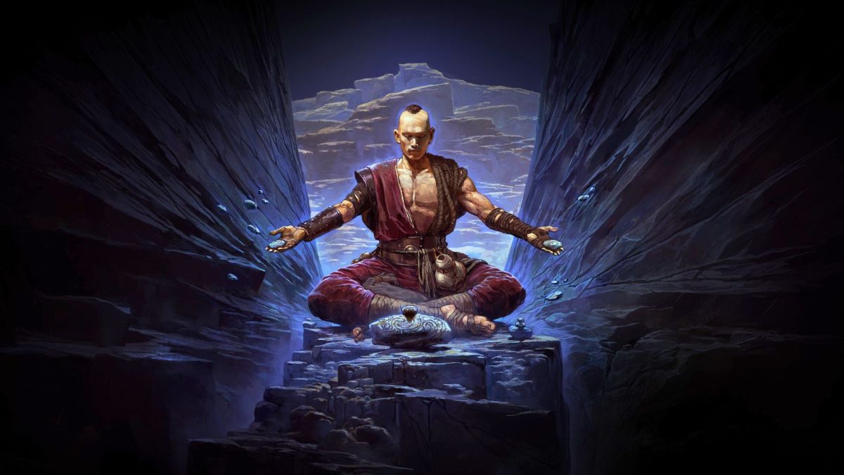 Monk player character key art from Path of Exile 2 meditating in a dark cave.