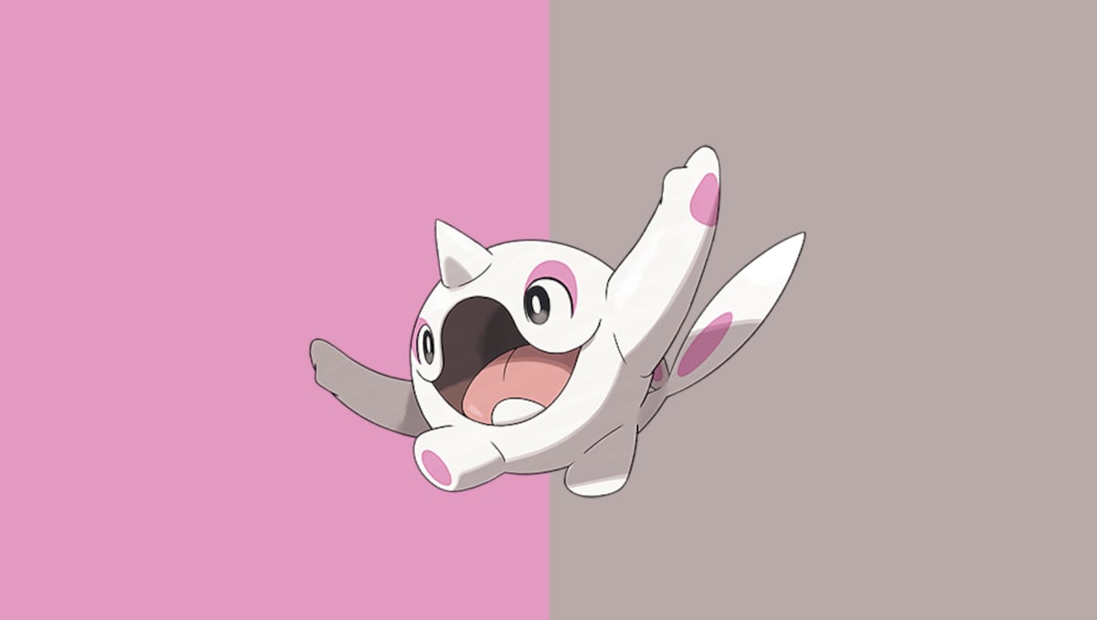 Cetoddle in Pokemon Go, a round white creature with pink accents on its body